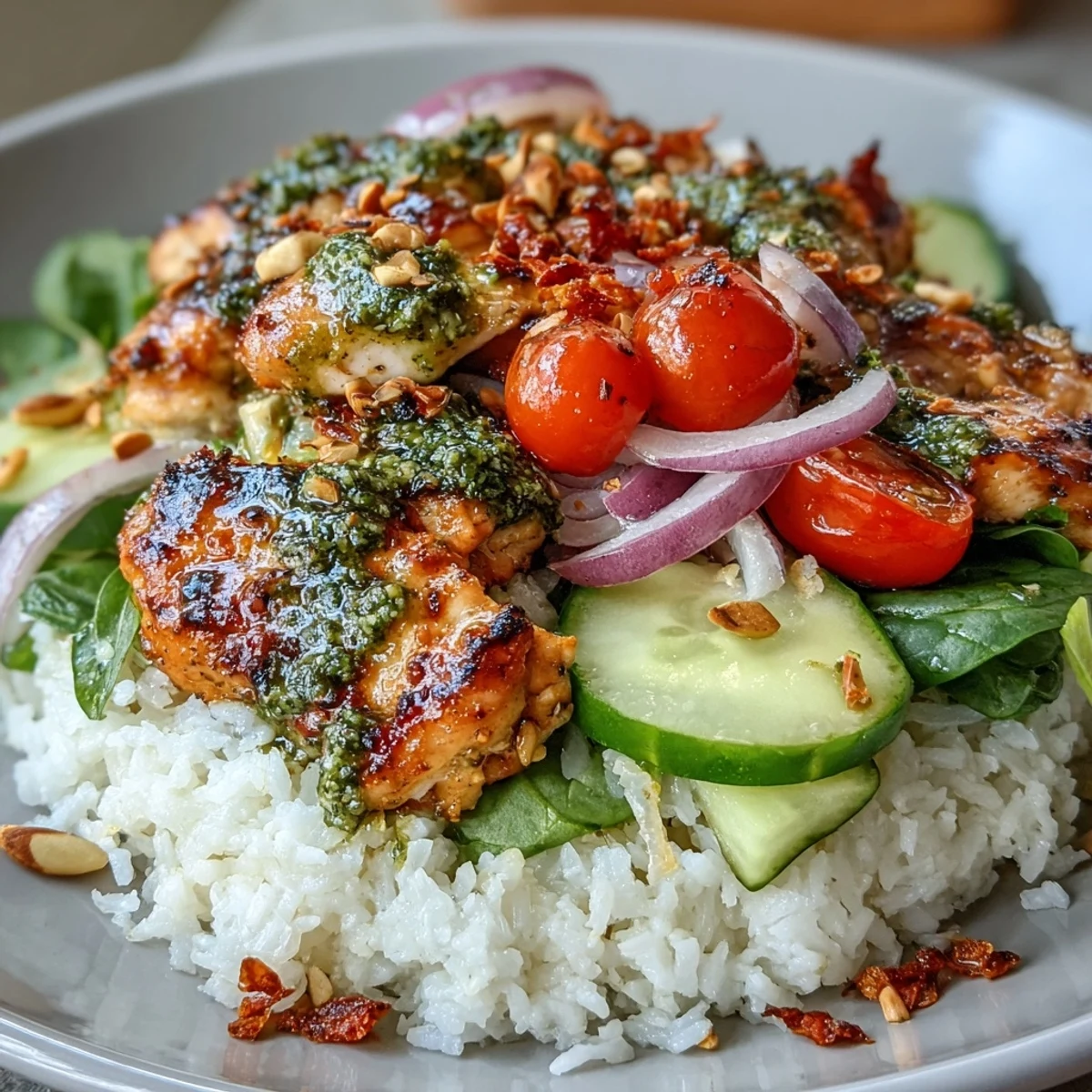 Pesto Chicken Bowl with juicy marinated chicken, fluffy rice, fresh vegetables, and toasted pine nuts in a bowl.