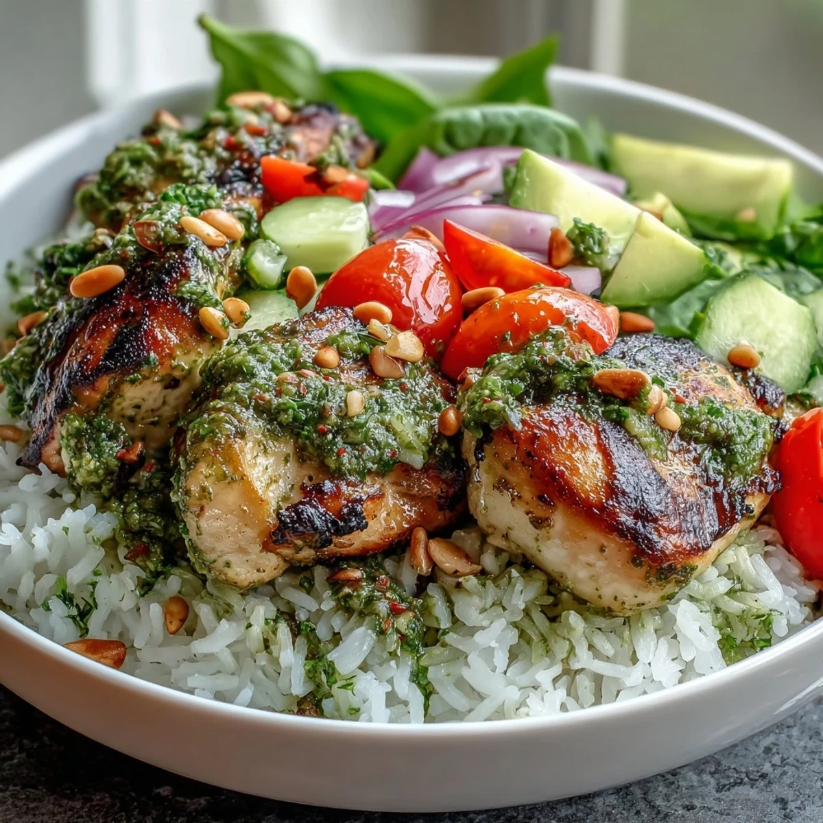 A close-up of golden, pesto-coated chicken, crisp greens, and diced cucumber in a hearty Pesto Chicken Bowl.