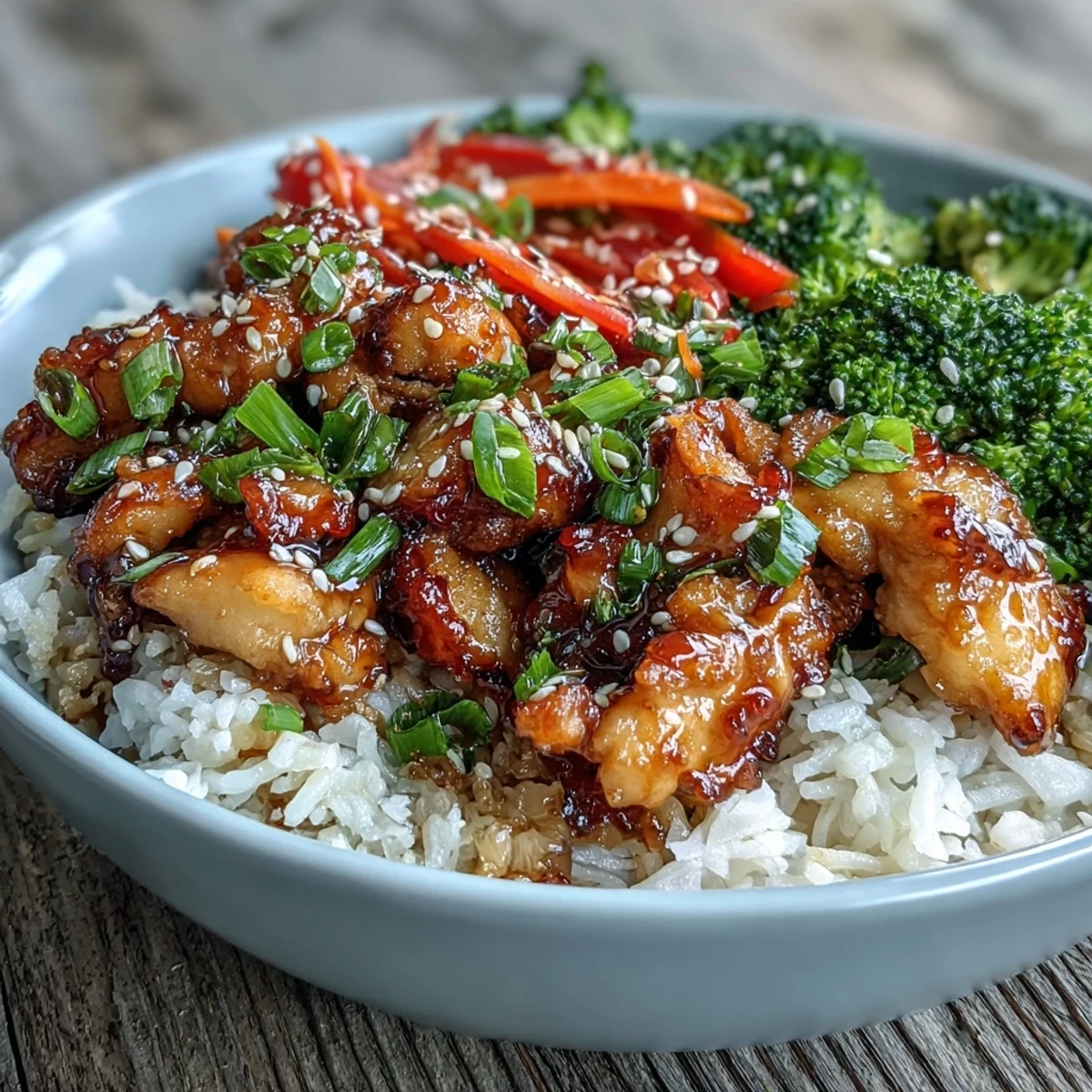 A serving of Honey Garlic Chicken Bowl in a ceramic dish, with glossy sauce-coated chicken and colorful vegetables, ready to eat.