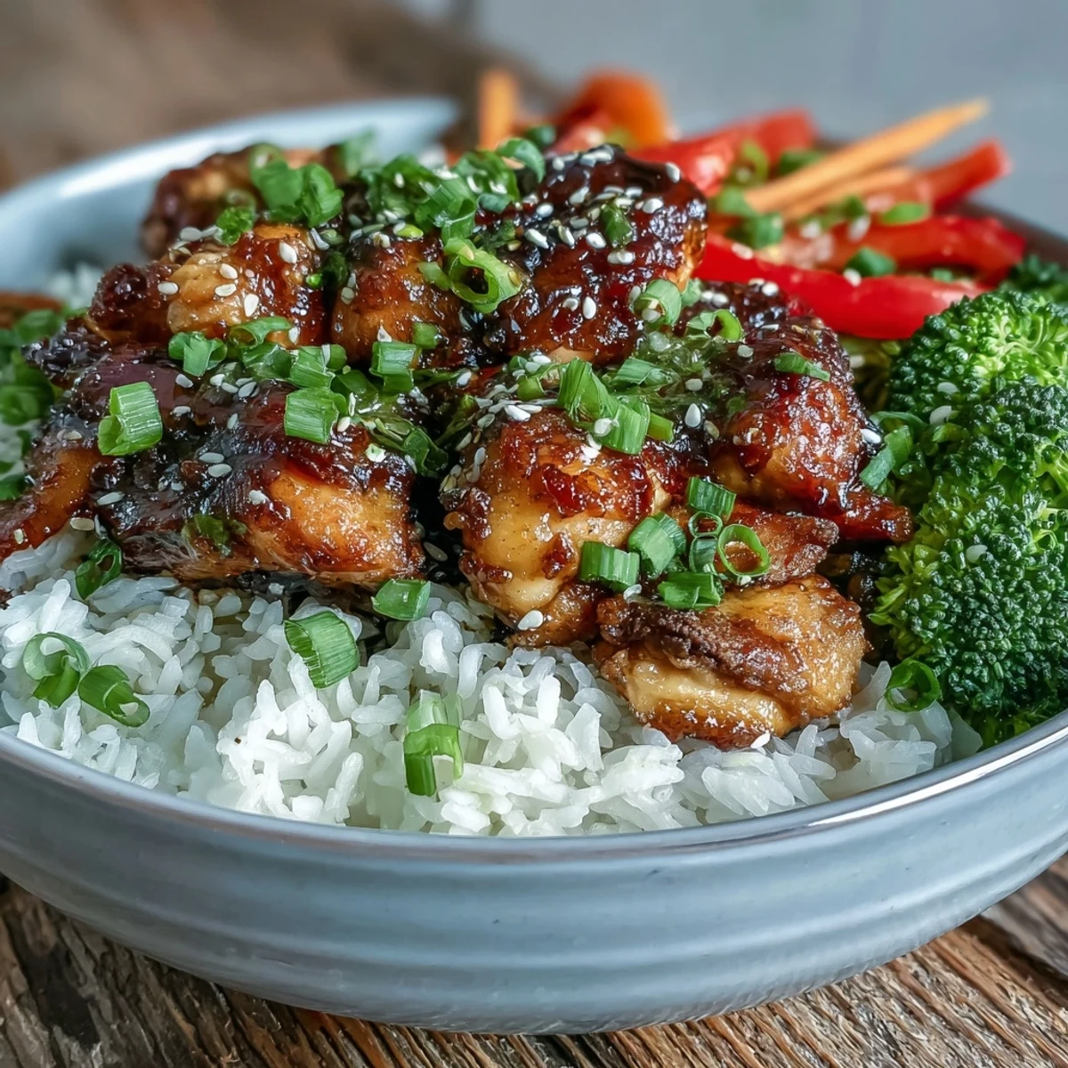Overhead shot of a Honey Garlic Chicken Bowl, with tender chicken, crisp red bell peppers, and sesame seeds on fluffy rice.