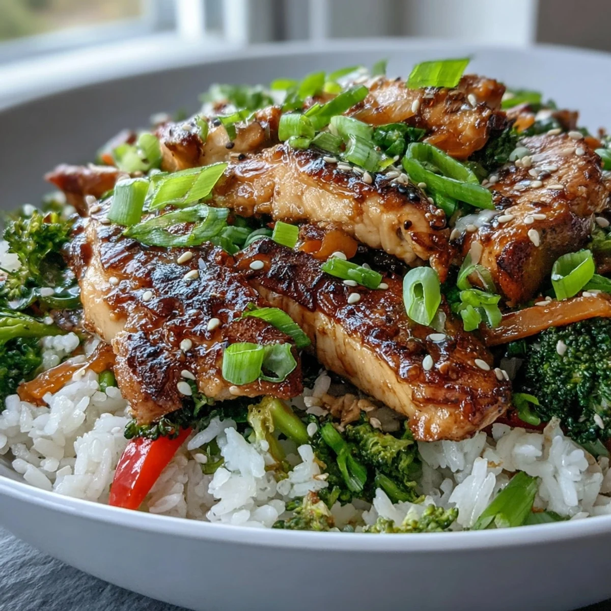 A close-up view of a wholesome Chicken and Rice Bowl garnished with sliced green onions and a sprinkle of sesame seeds.