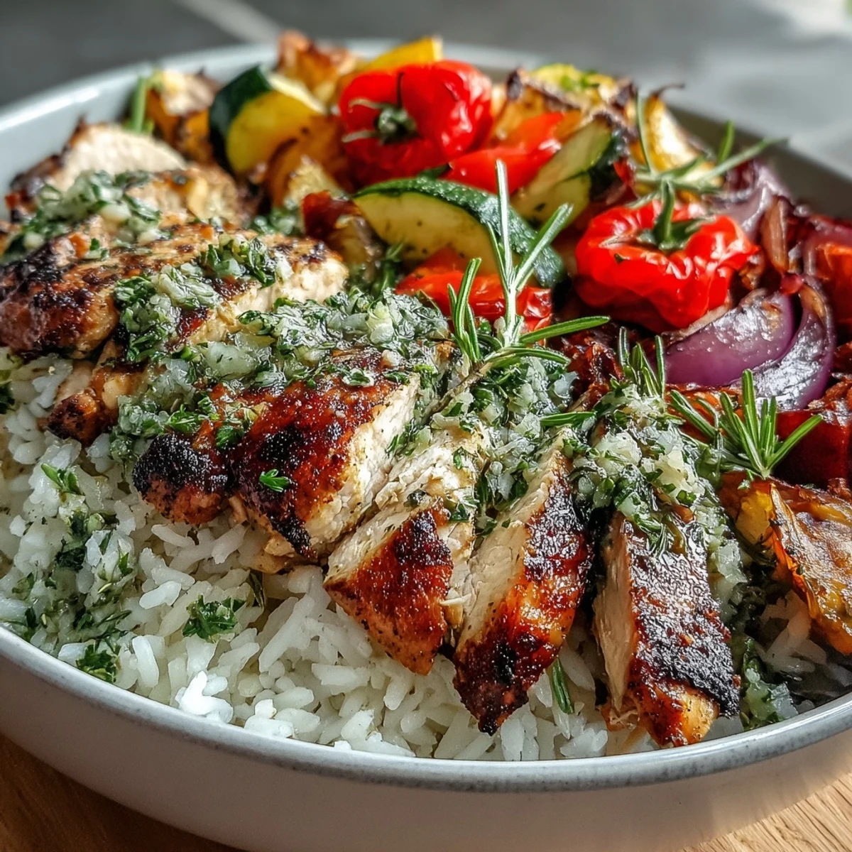 Sliced herb-roasted chicken breast atop fluffy rice with colorful roasted vegetables and zesty lemon dressing in a beautiful bowl.