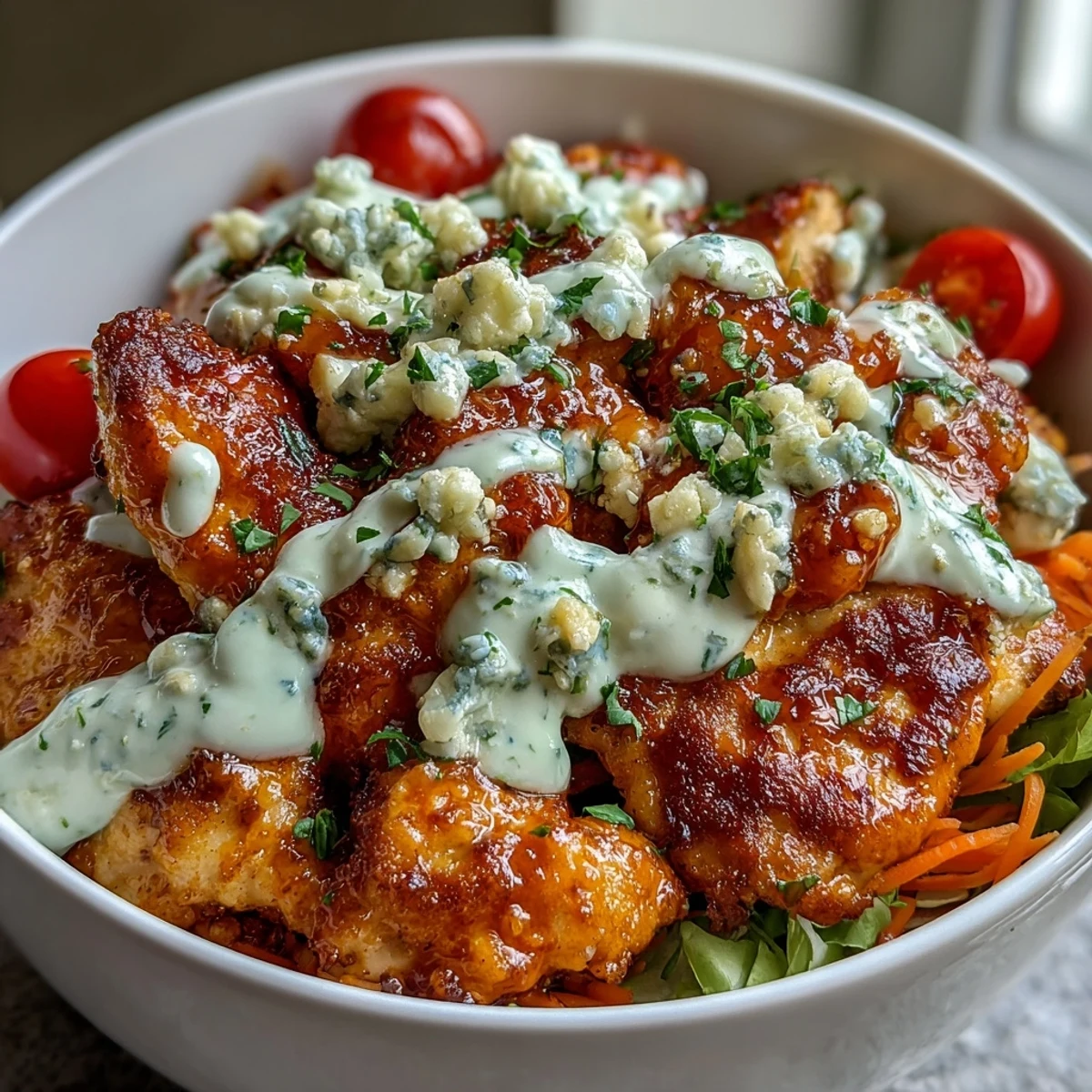 Sizzling buffalo chicken atop a colorful veggie-packed bowl, finished with creamy ranch and crunchy blue cheese.