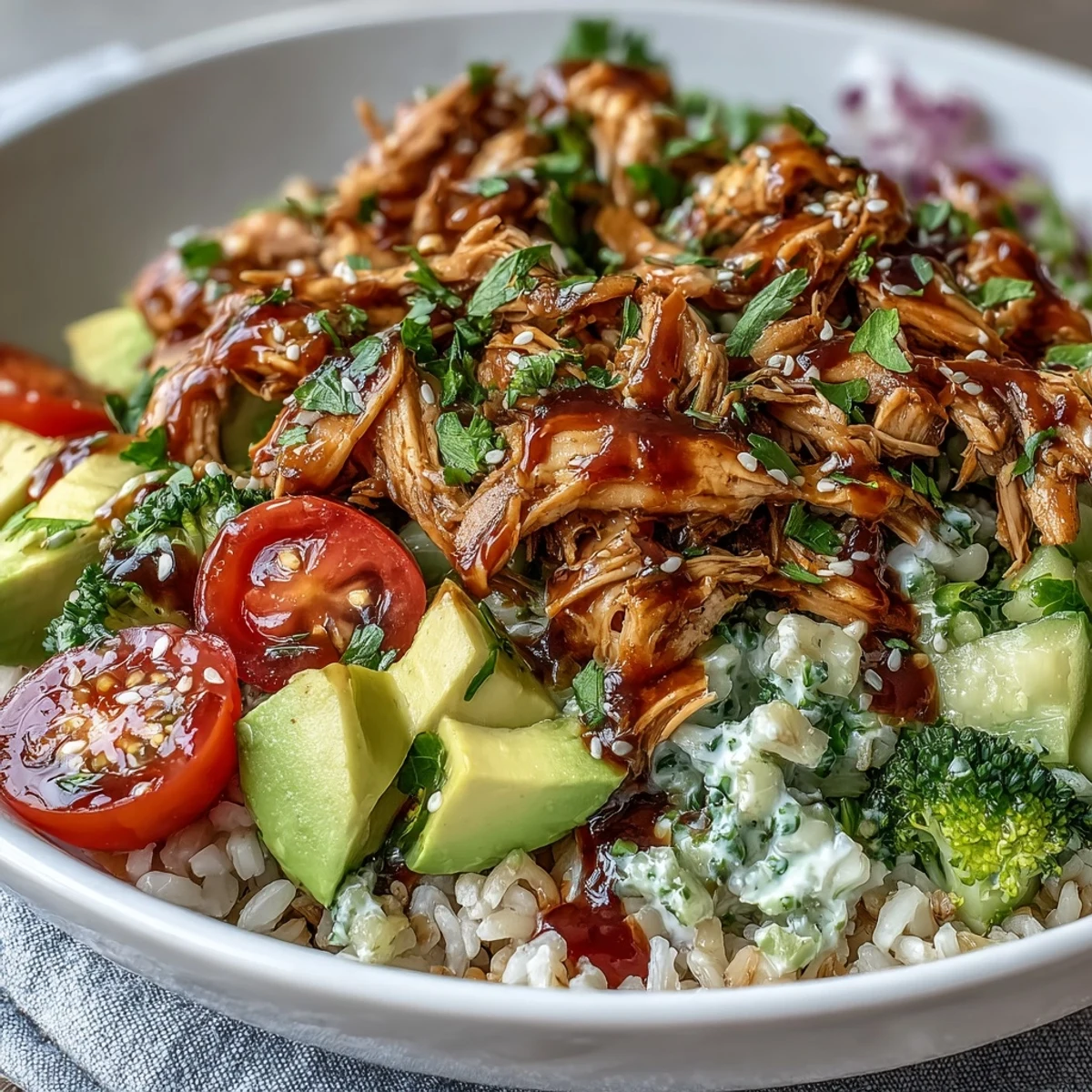 Creamy tzatziki sauce drizzled over a hearty Rotisserie Chicken Bowl featuring steamed broccoli and red onion garnished with sesame seeds.