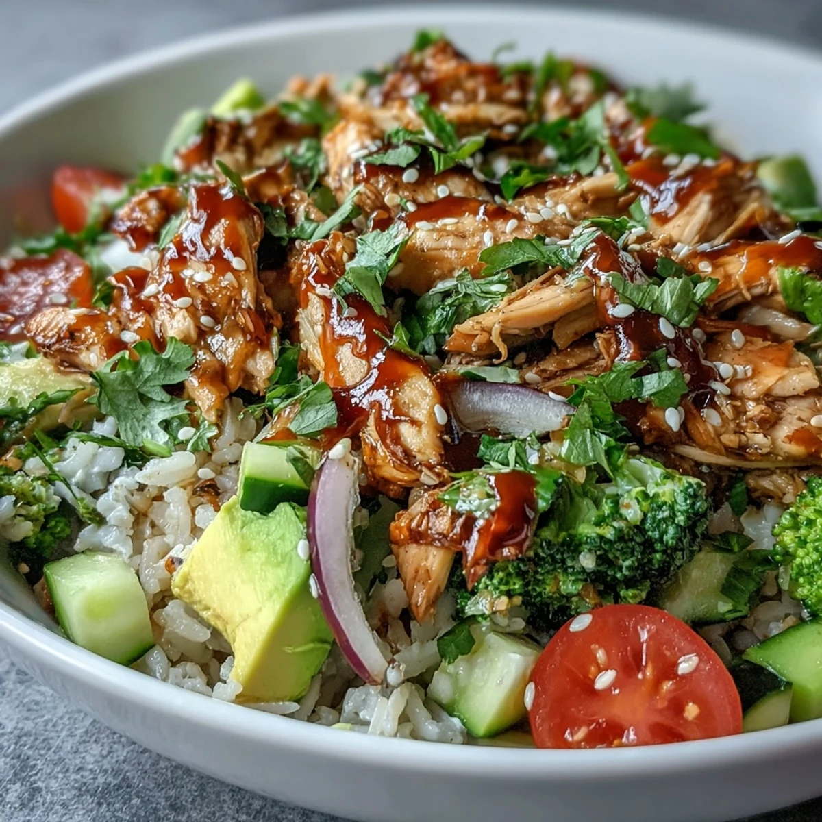 A wholesome Rotisserie Chicken Bowl with tender meat, fresh veggies, and lemon wedges ready for a quick, healthy dinner.