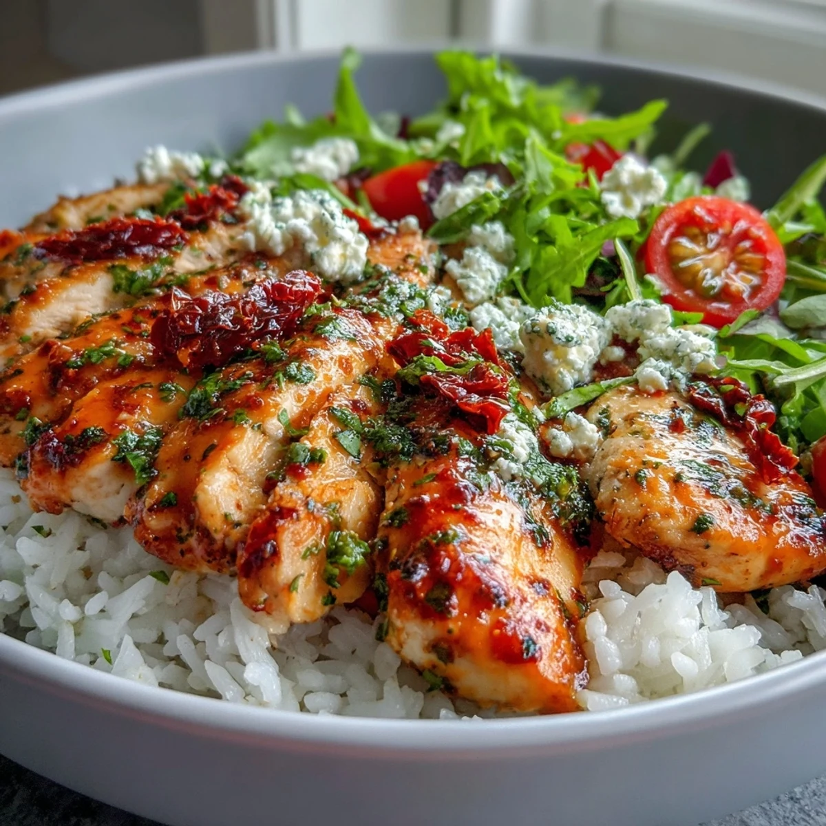A plated sun-dried tomato chicken bowl showing golden chicken, pine nuts, feta, and a lemony salad.