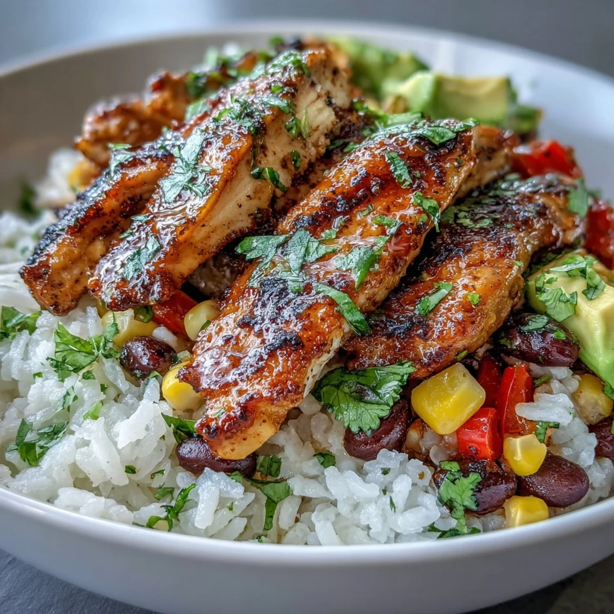 A vibrant Cajun Chicken Bowl with fluffy rice, black beans, and colorful peppers topped with sliced avocado and fresh cilantro.