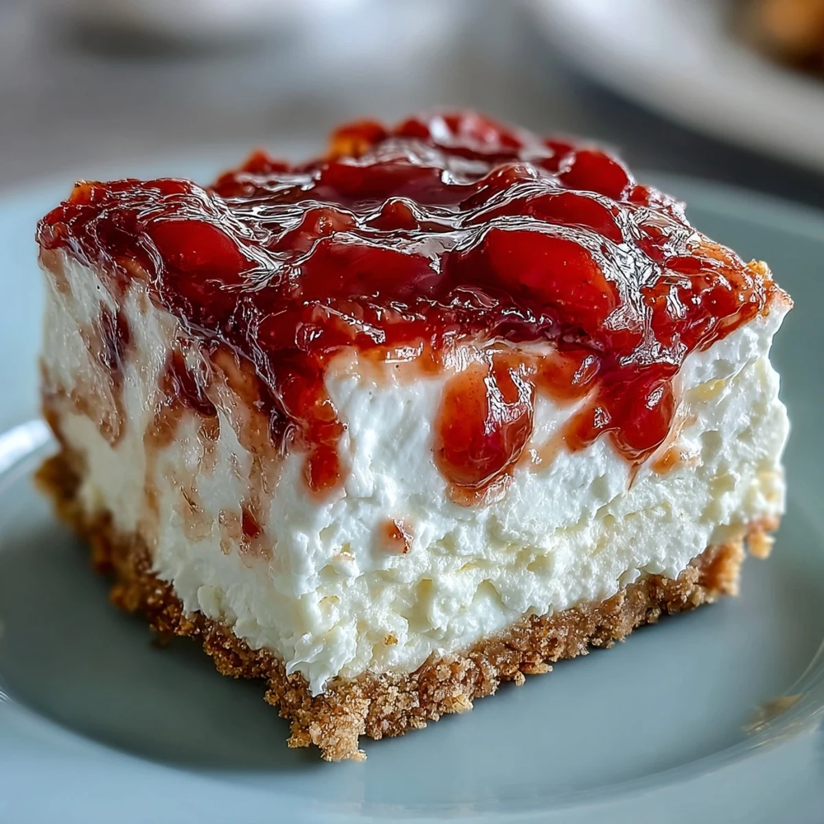 A no-bake Easy Guava Swirl Cheesecake rests on a white plate with a slice ready to serve. 