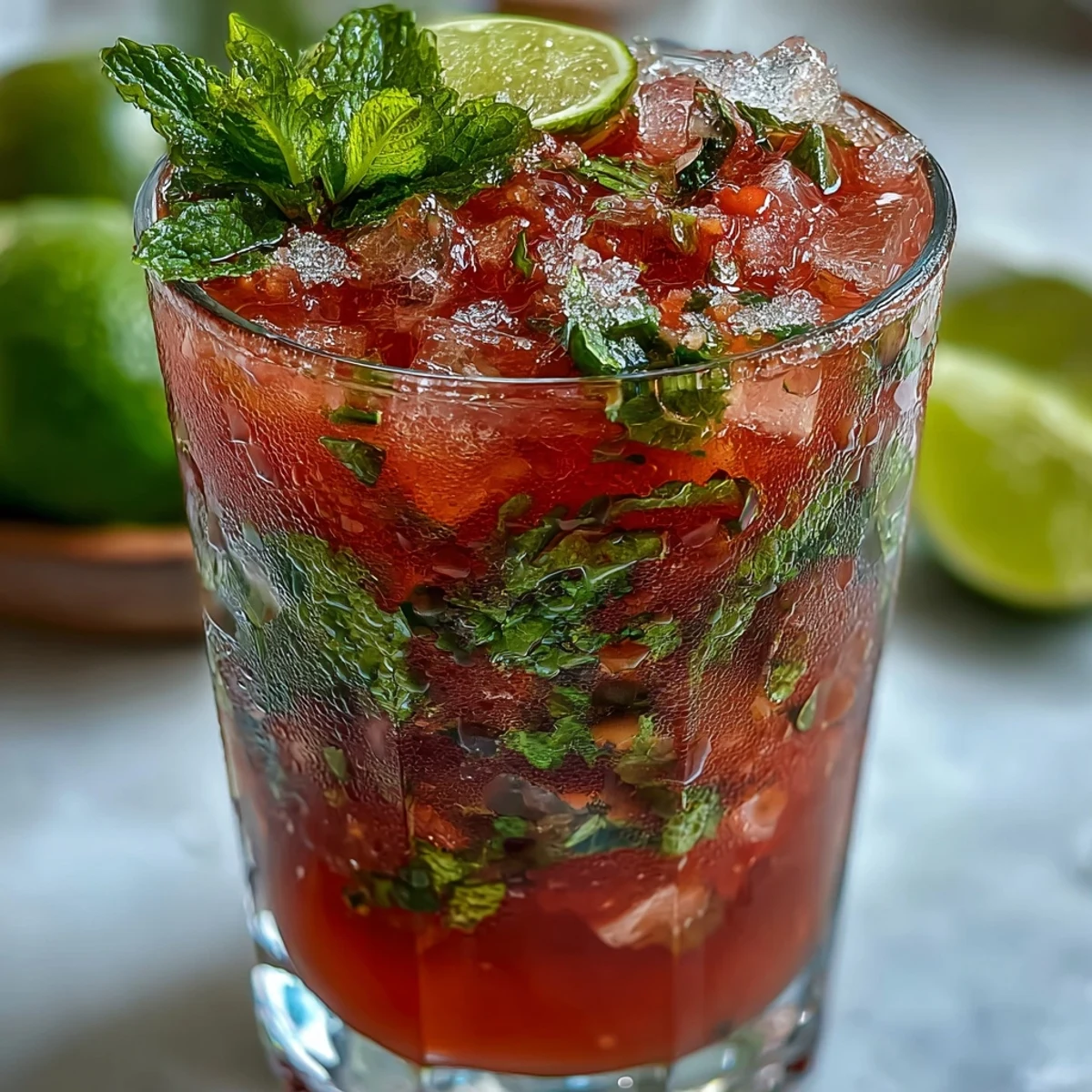 A tall glass of Guava Mojito filled with crushed ice, fresh mint, and a bright lime wheel garnish.