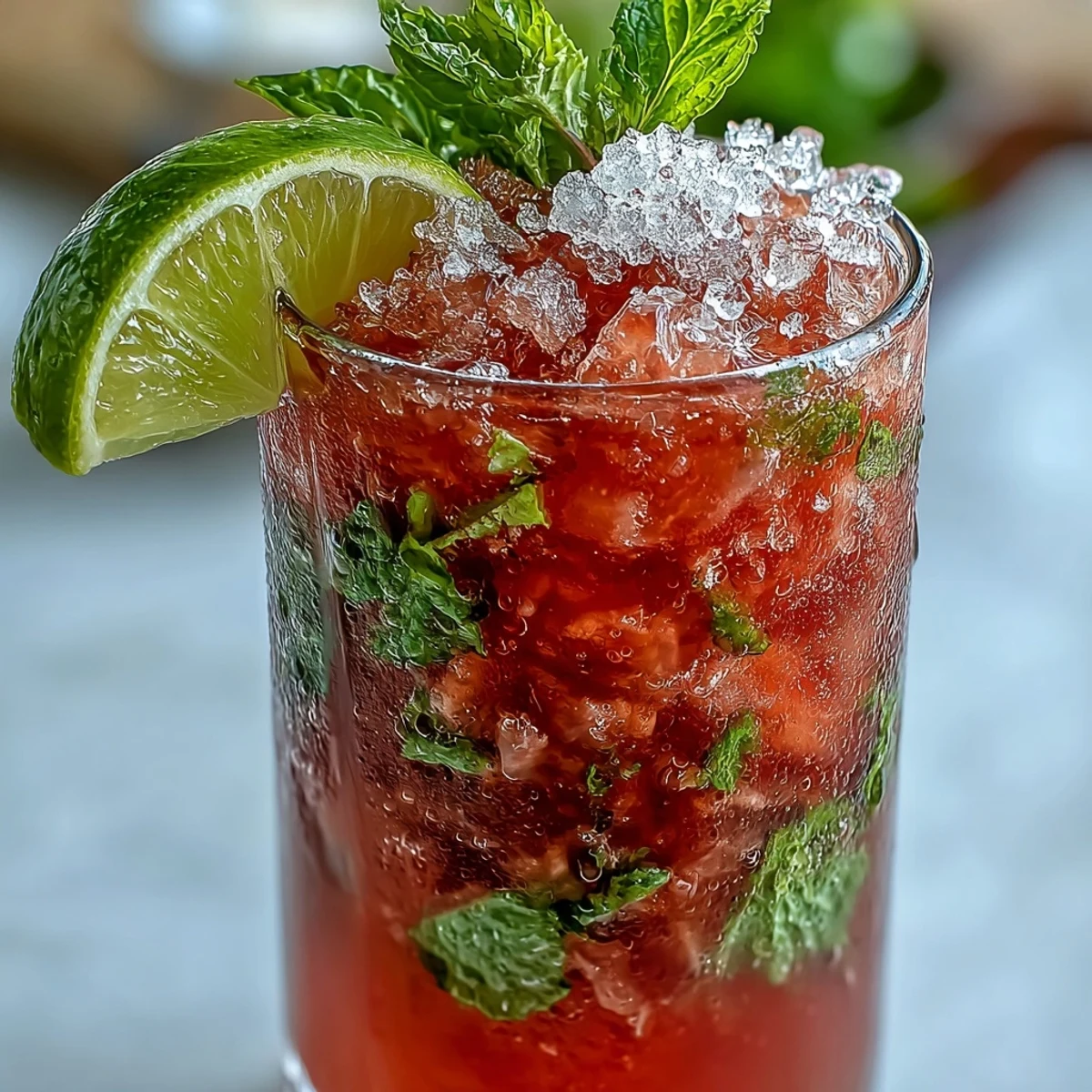 Refreshing Guava Mojito cocktail with mint and lime, served chilled in a highball glass for summer.