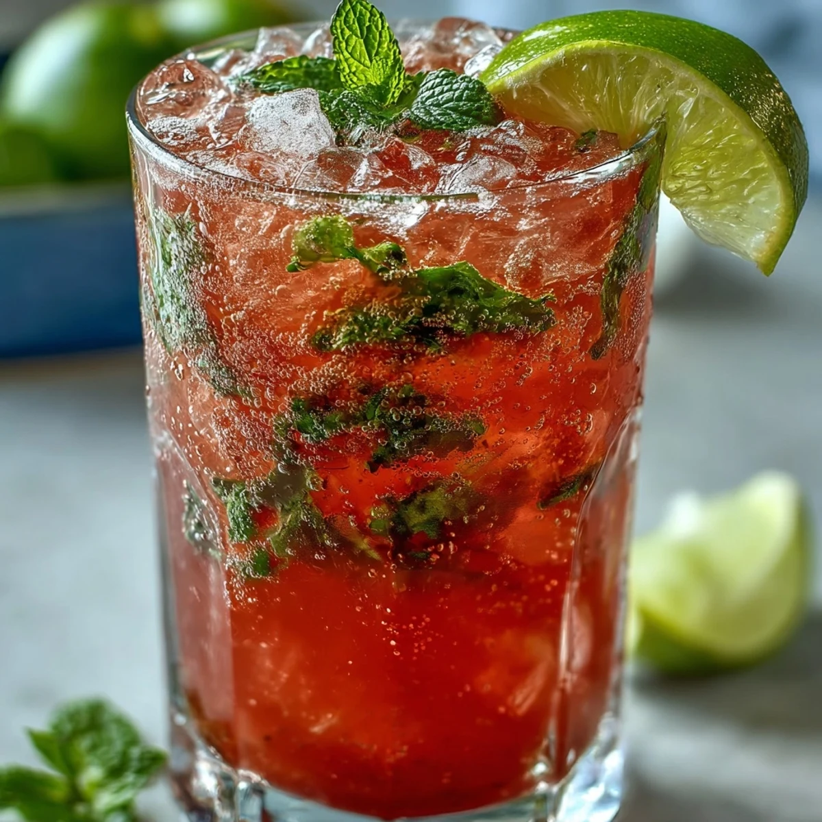 Close-up of a homemade Guava Mojito garnished with mint sprigs and lime, ready to drink outdoors.