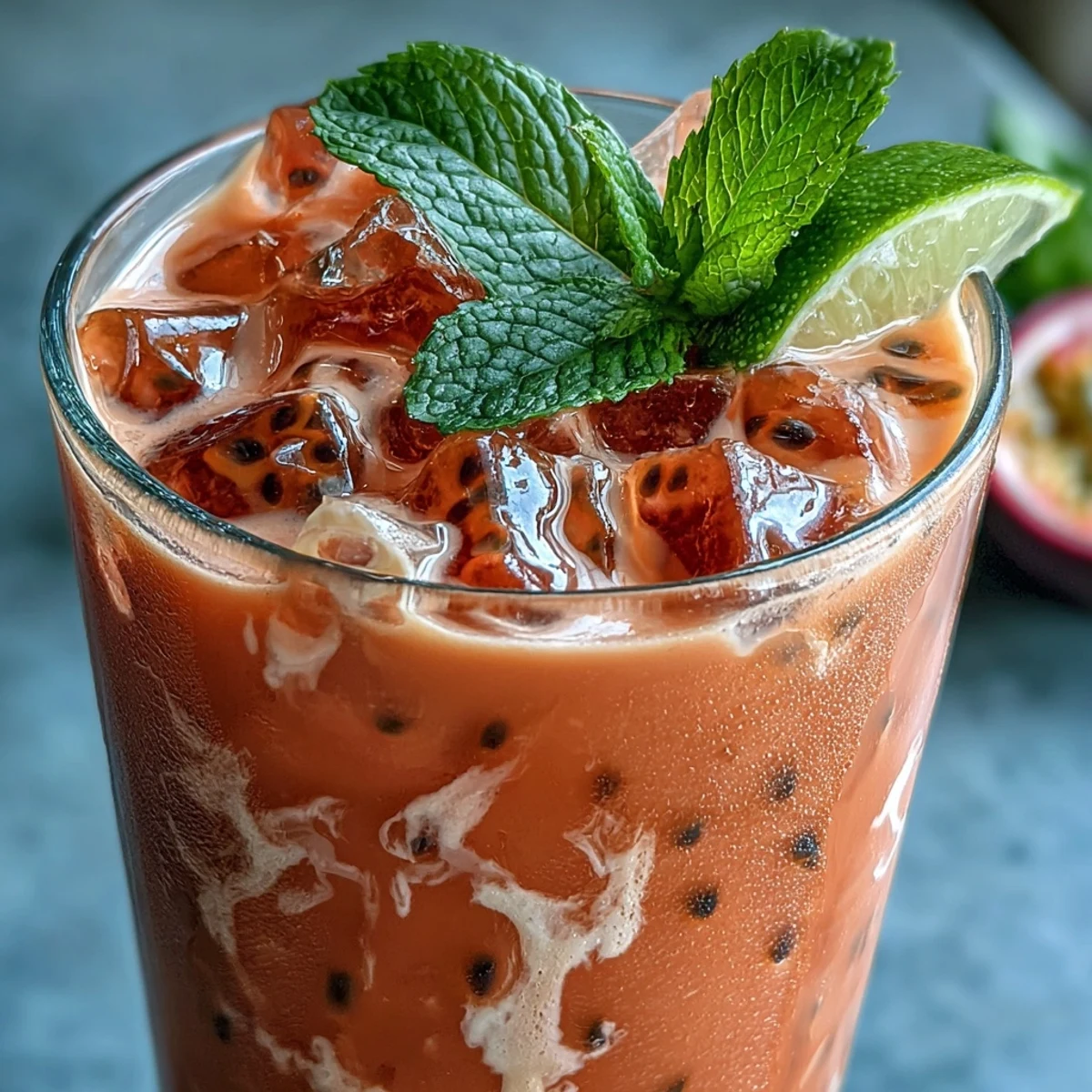 Ice-cold DIY Iced Guava Passionfruit Drink in a tall glass with vibrant pink hue and fresh mint garnish.