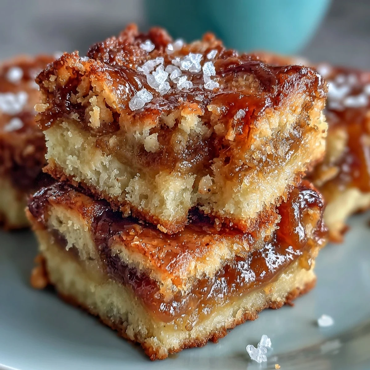 Plated Guava Cake Bars dusted with powdered sugar next to a cup of Cuban coffee.
