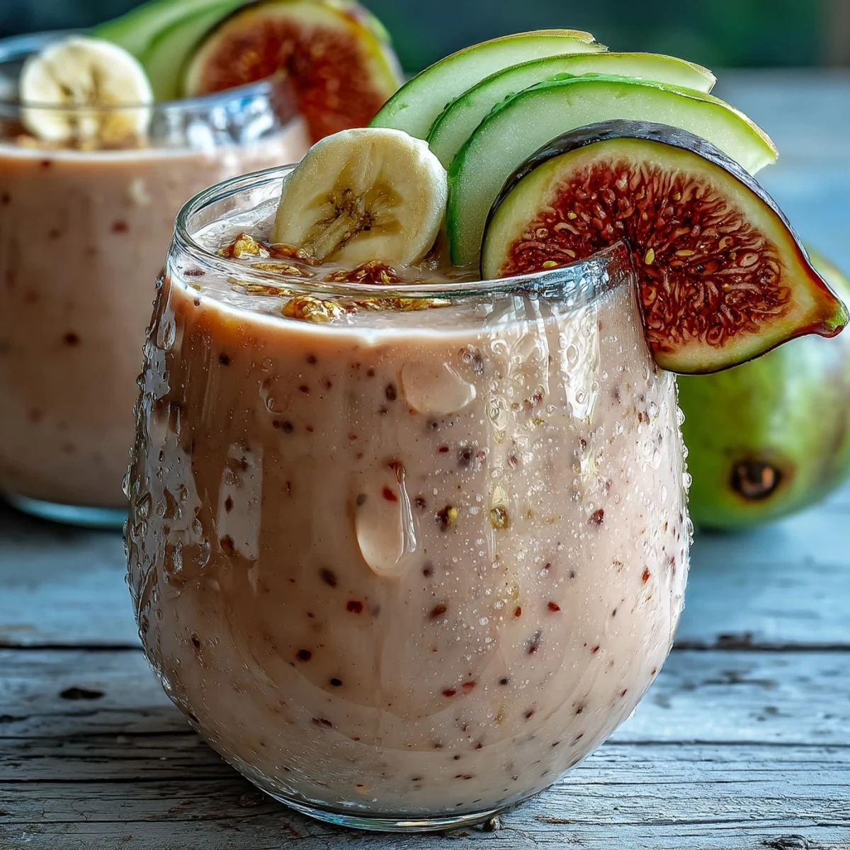 Blended Guava Banana Smoothie over ice with a pink hue, served with a striped straw and a fresh guava nearby.