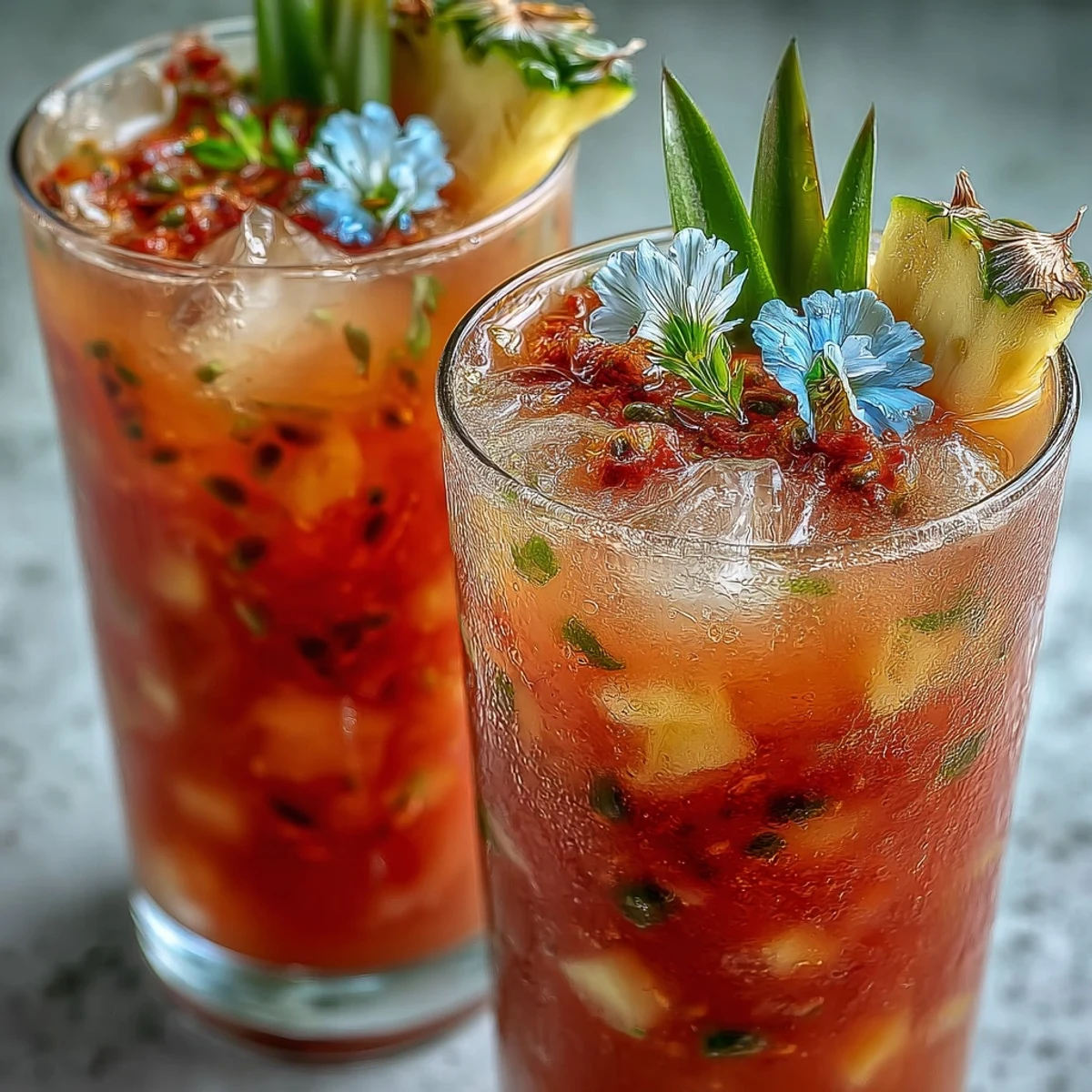 Refreshing glass of Iced Guava Passionfruit Drink with ice cubes and a pineapple wedge garnish.