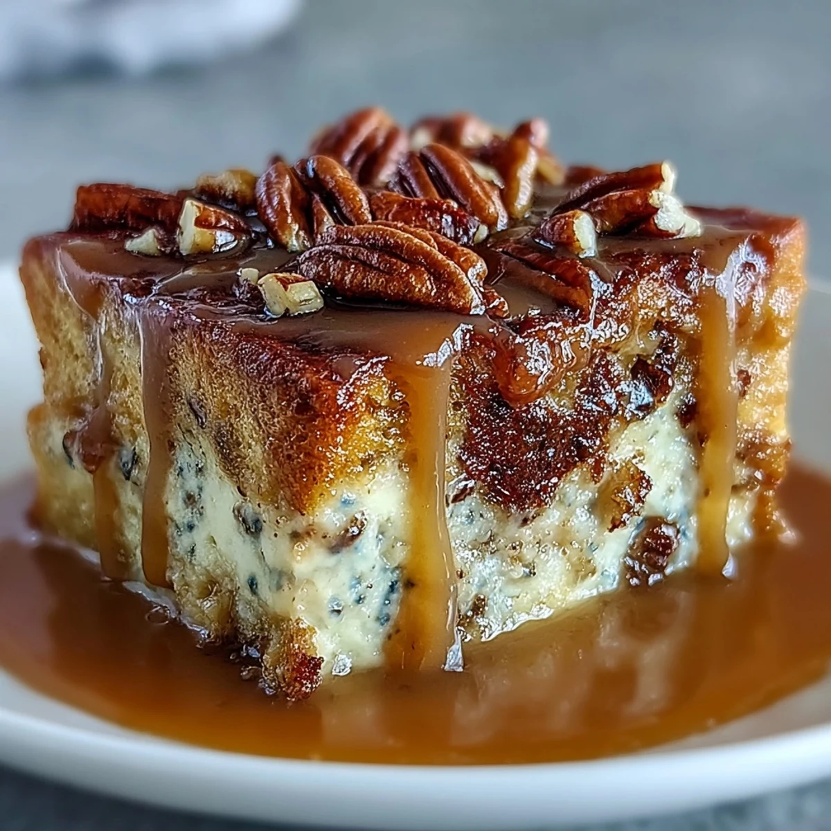 A warm slice of Guava Caramel Bread Pudding With Pecans rests on a plate, drizzled with extra caramel sauce and a dollop of whipped cream.