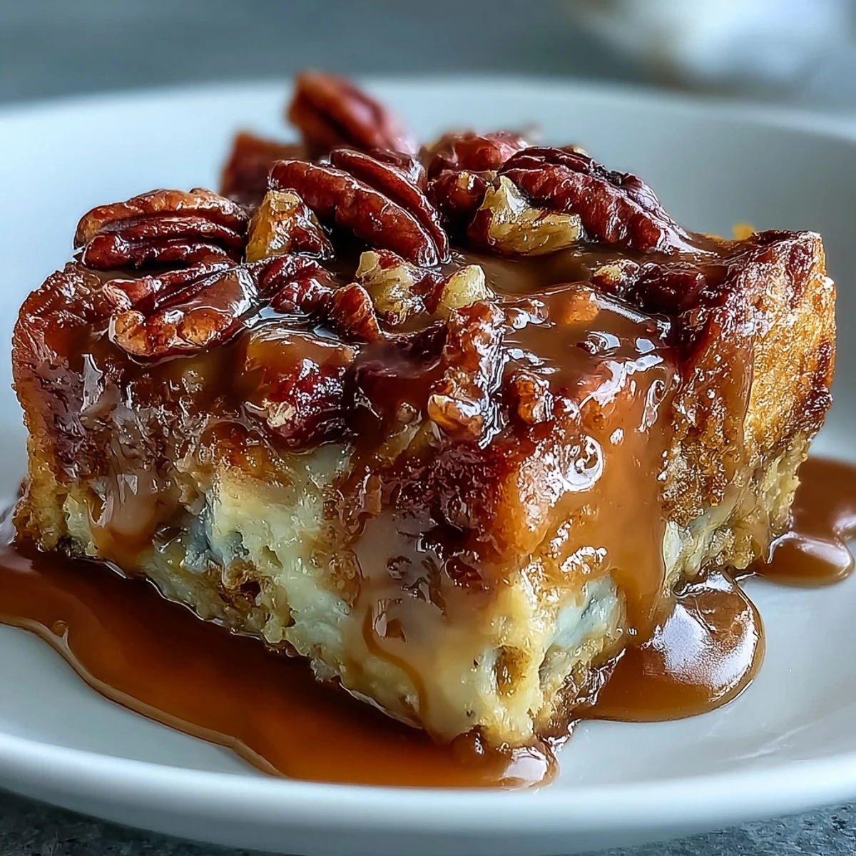 A scoop of vanilla ice cream melts over Guava Caramel Bread Pudding With Pecans, highlighting the creamy custard and rich caramel drizzle.
