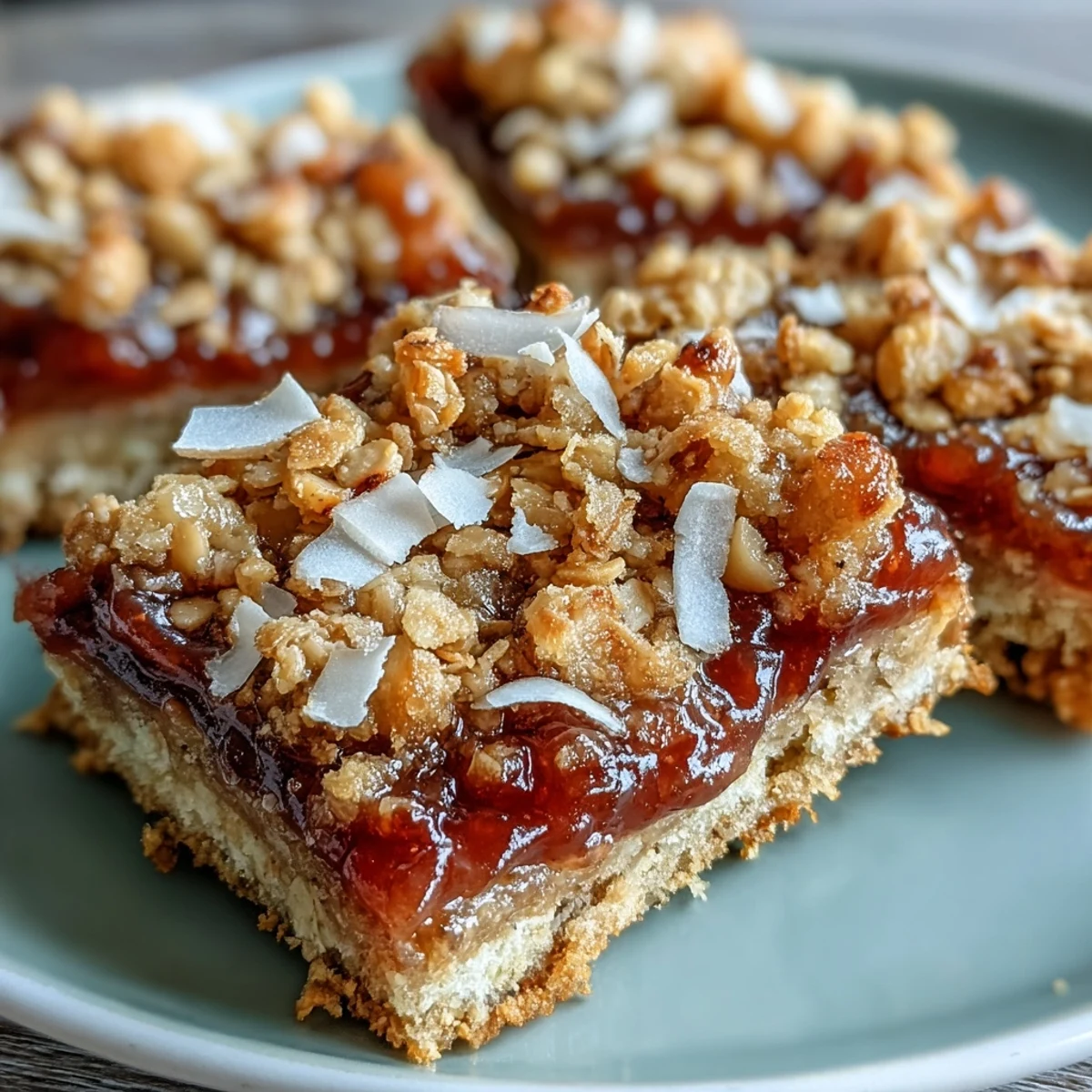 Golden-baked Guava Jam Bars with coconut oat crumble topping on a rustic wooden board.
