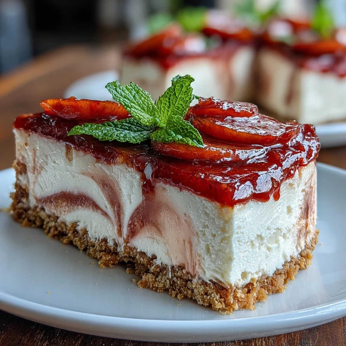 Freshly baked Guava Cheesecake slices with a vibrant pink swirl on a crisp Maria cookie base, served on a white plate.