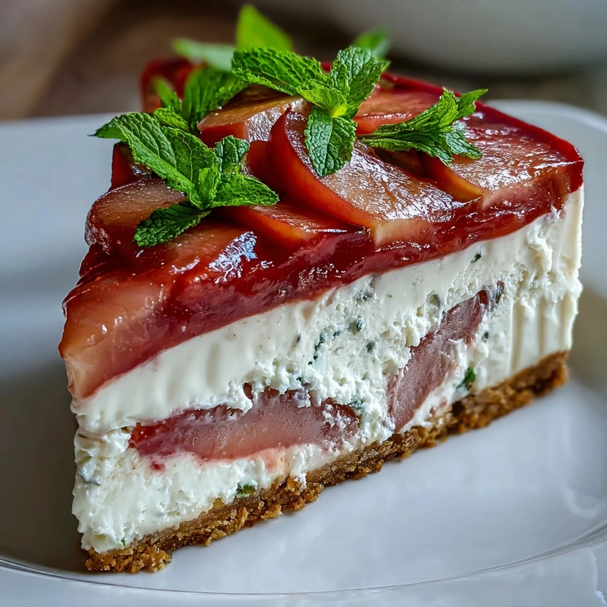 A rich Guava Cheesecake wedge reveals a marbled interior and crunchy crust, garnished with fresh mint and a cup of coffee.