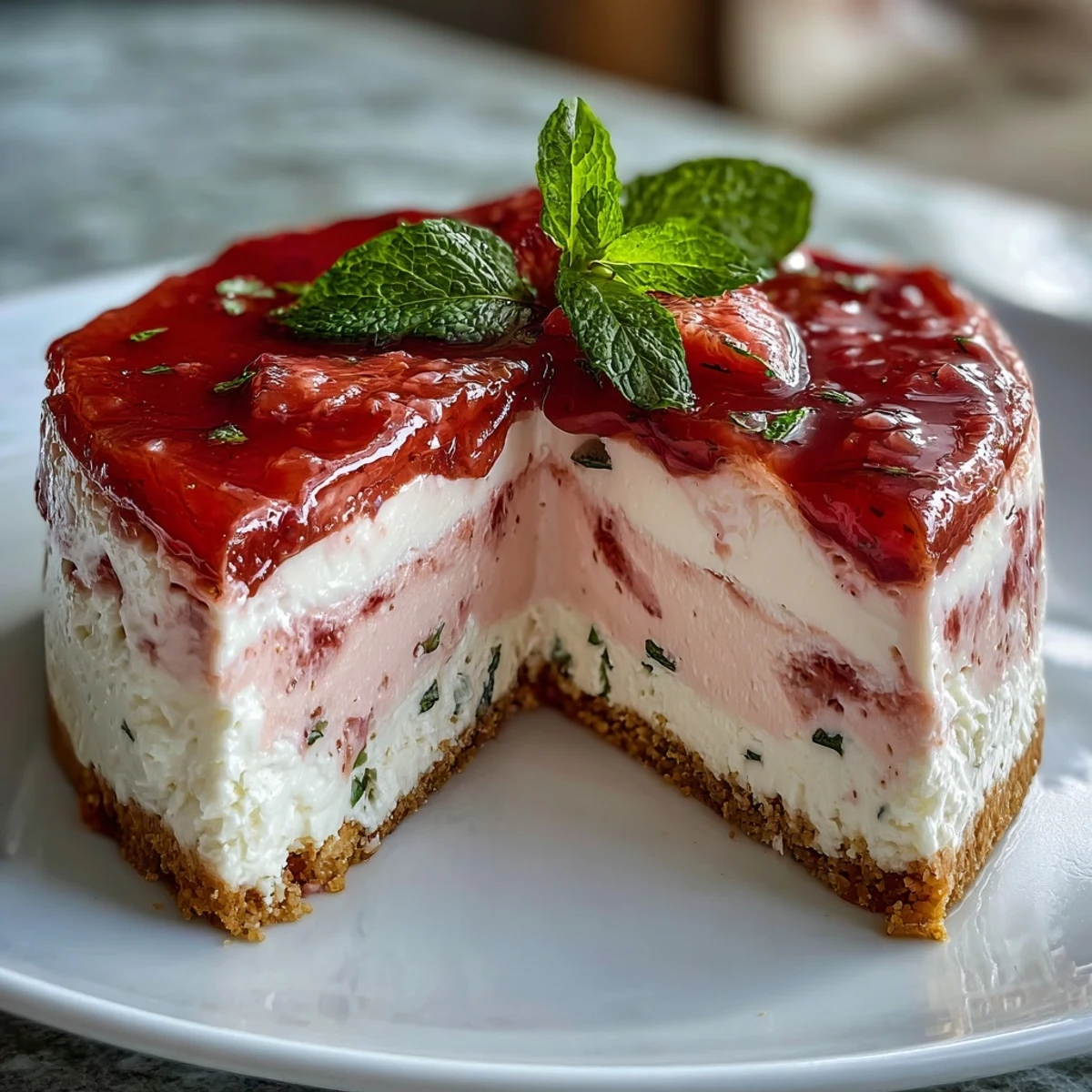 Close-up of creamy Guava Cheesecake topped with guava marmalade swirls, ready to serve on a tropical blue table setting.
