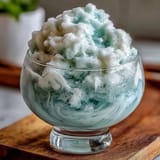 TikTok Cloud Slushie in a clear glass, light and fluffy with a frosty texture and a pale, creamy hue.