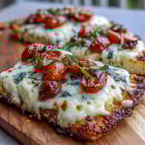 High-protein cottage cheese flatbread pizza with golden crust, melted mozzarella, and vibrant toppings.  