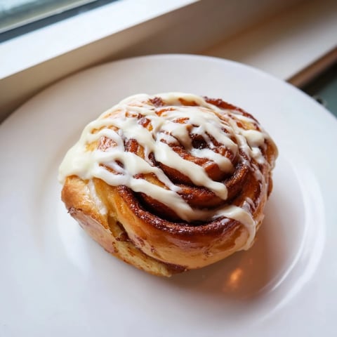 Freshly baked Pillow Soft Cinnamon Rolls, glistening with creamy glaze, arranged on a rustic wooden table for a cozy breakfast spread.