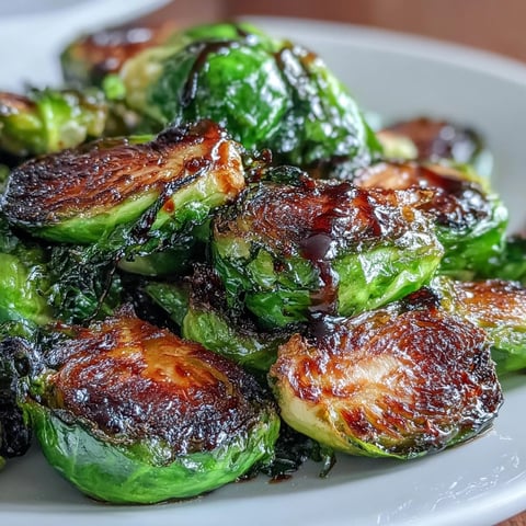 Golden-brown roasted Brussels sprouts on a baking sheet, finished with a glossy balsamic reduction for a sweet, tangy flavor.