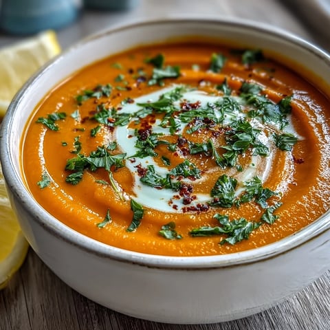 A bowl of Carrot, Celeriac and Chilli Soup topped with fresh herbs and a creamy swirl of dairy-free yogurt.