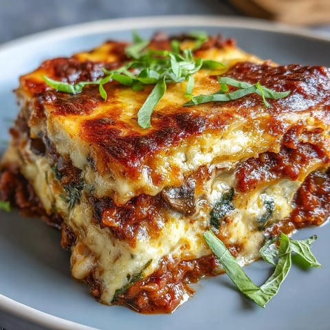 Golden, bubbling One-Pan Smoky Veggie Lentil Lasagne fresh from the oven, topped with fresh basil leaves and ready to slice.