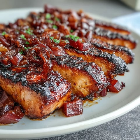 Golden-brown roasted pork slices glazed with honey and warm spices alongside tender, caramelized rhubarb and onions on a baking tray.