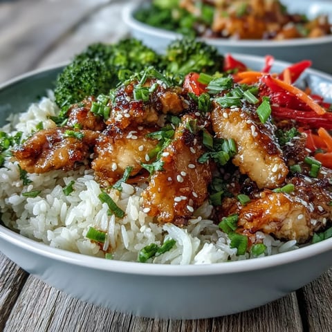 A close-up view of a Honey Garlic Chicken Bowl, featuring glistening glazed chicken, fluffy rice, and bright green broccoli florets.