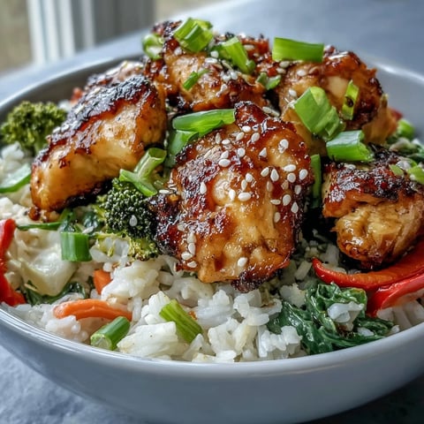 Tender marinated chicken pieces, crisp broccoli, bell peppers, and carrots piled over fluffy white rice in a bowl.