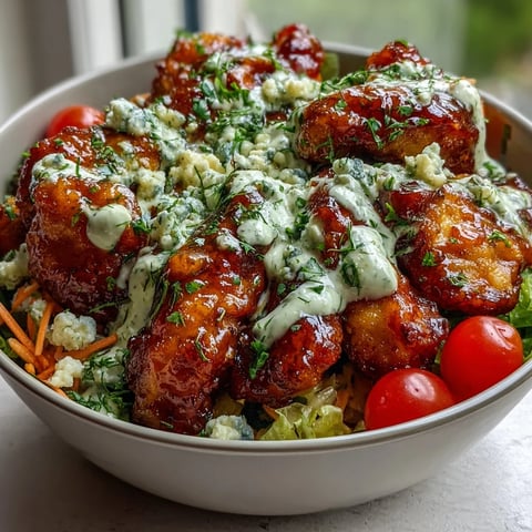Buffalo Chicken Bowl with tender chicken, crisp romaine, carrots, and tangy blue cheese crumbles, drizzled with ranch.