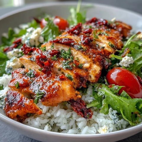 Sun-dried tomato chicken bowl with juicy sliced chicken, fluffy rice, crisp greens, and cherry tomatoes.