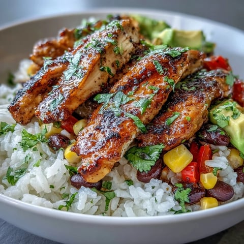 A vibrant Cajun Chicken Bowl with fluffy rice, black beans, and colorful peppers topped with sliced avocado and fresh cilantro.