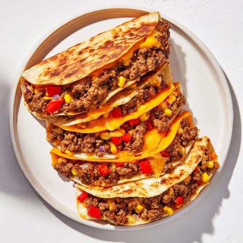 A close-up shot of sheet pan quesadillas—crispy tortillas loaded with delicious fillings and cheese.