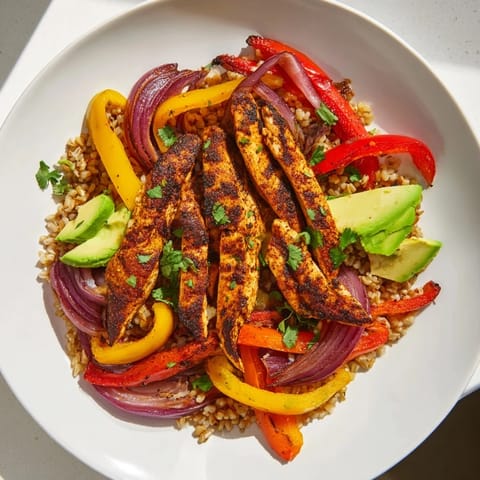 Make-Ahead Chicken Fajita Meal Prep Bowls feature grilled chicken with colorful peppers and onions.