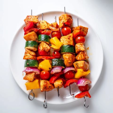 These flavorful Chicken and Veggie Skewers showcase juicy chicken and colorful, perfectly grilled vegetables.