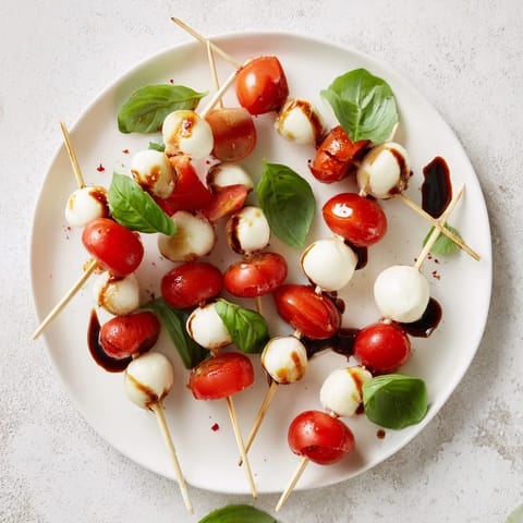 Enjoy Fresh Caprese Salad Skewers: a beautiful stack of tomatoes, basil, and mozzarella, perfect for summer eating.