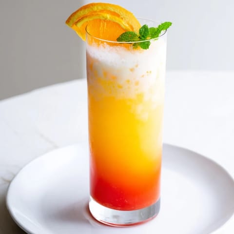 A close-up of The Alpine Sunrise mocktail's sunrise layers, garnished with fresh orange slices.