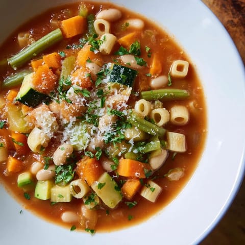 A vibrant photo shows hearty Simple One-Pot Minestrone Soup, full of vegetables and pasta, perfect for dinner.