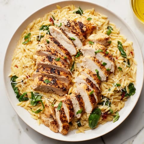 Showcasing golden chicken breasts nestled in creamy, cheesy Marry Me Chicken Orzo with sun-dried tomatoes.