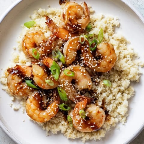 Vibrant image shows a healthy ginger garlic shrimp bowls garnished with green onions and sesame seeds.