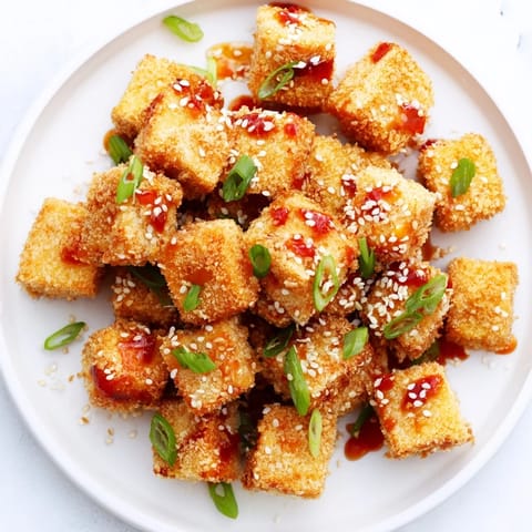 Close-up of freshly glazed Honey Sriracha Tofu Nuggets, ready to be served hot.