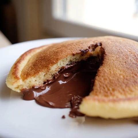 A close-up of Nutella Stuffed Pancakes, revealing a gooey chocolate center, topped with powdered sugar and fresh strawberries.  