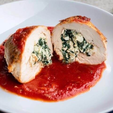 Juicy Spinach Ricotta Stuffed Chicken resting in a skillet of simmering tomato sauce, ready to be served hot.