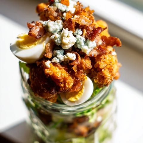 A close-up of Crispy Chicken Cobb Jar Salad shows golden panko-crusted chicken nestled with tomatoes, cucumber, avocado, and creamy blue cheese in a mason jar.