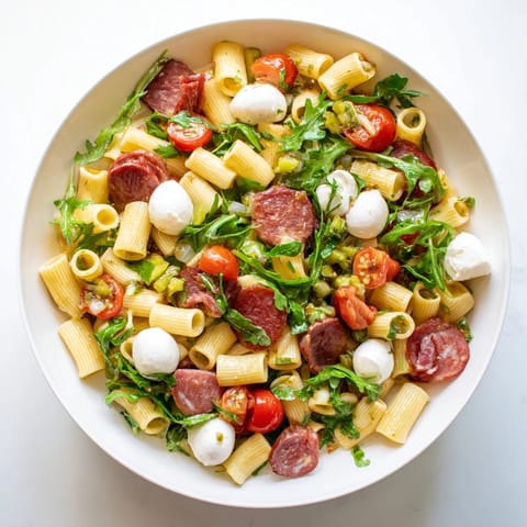 Spring Antipasto Pasta Salad served in a white bowl, featuring colorful cherry tomatoes, savory salami, and tangy pickled vegetables for a perfect spring gathering.